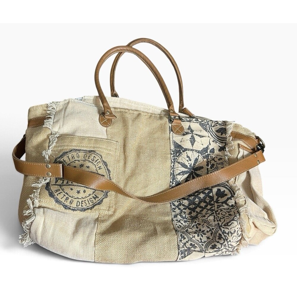 Vintage-Style Myra Bags Water Stop Weekender Tote Woven Canvas/Leather Handles